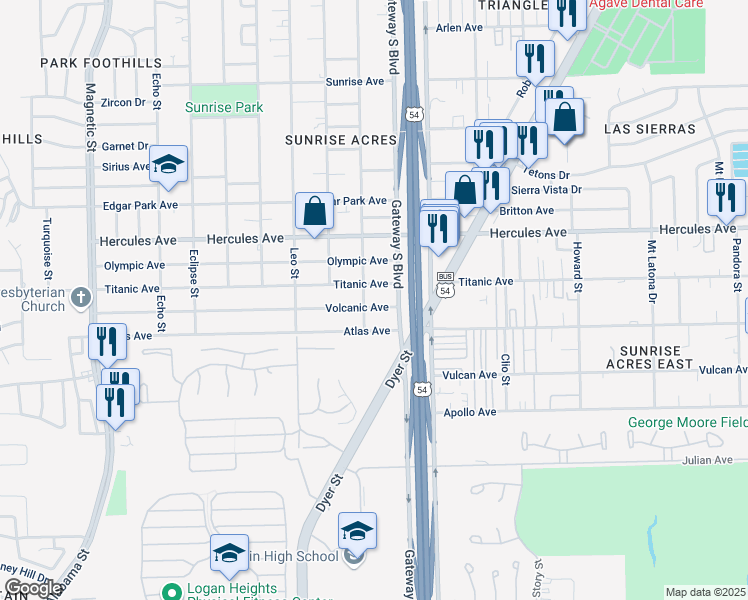 map of restaurants, bars, coffee shops, grocery stores, and more near 4218 Volcanic Avenue in El Paso