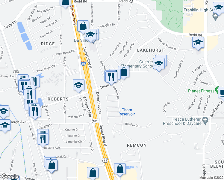 map of restaurants, bars, coffee shops, grocery stores, and more near 410 Thorn Avenue in El Paso