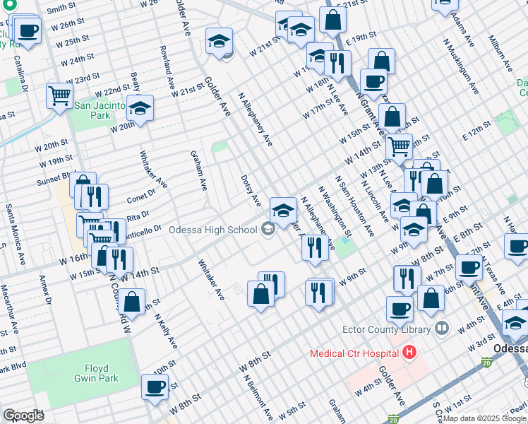 map of restaurants, bars, coffee shops, grocery stores, and more near 1398 Dotsy Avenue in Odessa