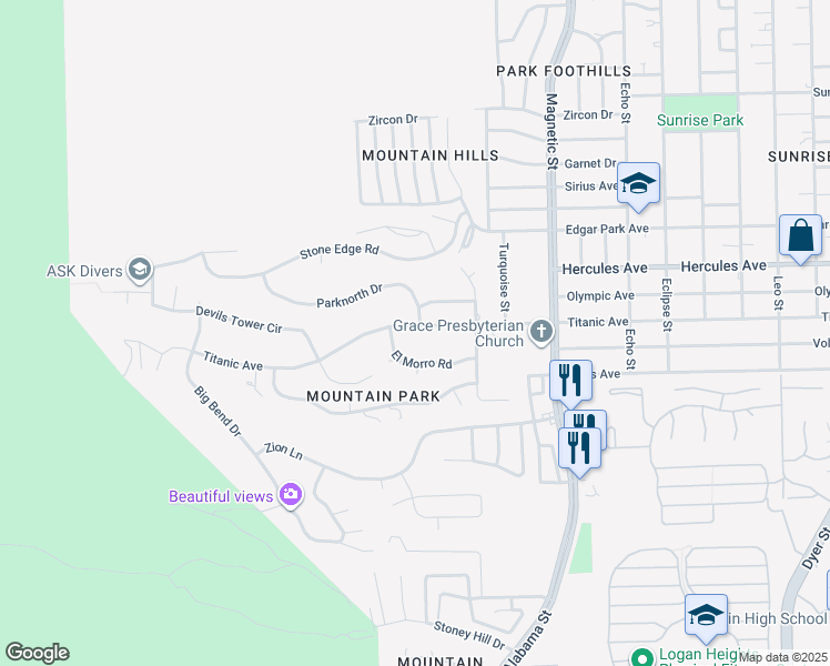 map of restaurants, bars, coffee shops, grocery stores, and more near 3208 Titanic Avenue in El Paso