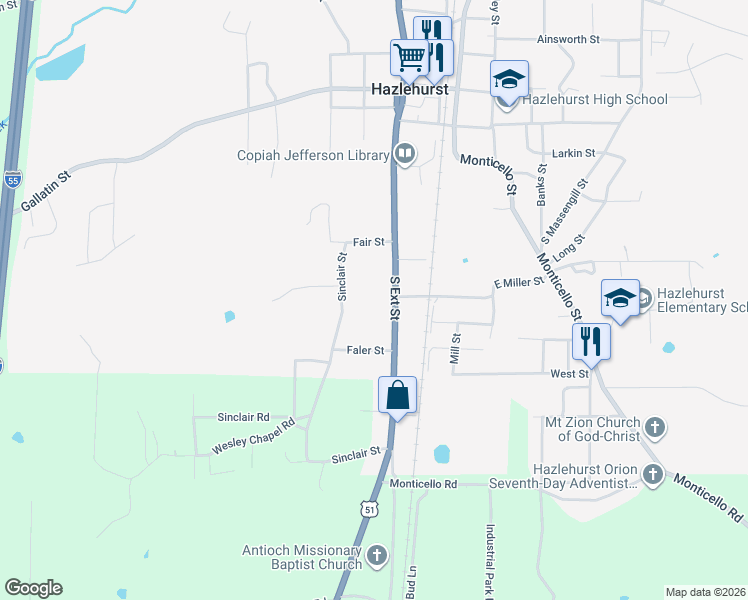 map of restaurants, bars, coffee shops, grocery stores, and more near 330 South Extension Street in Hazlehurst