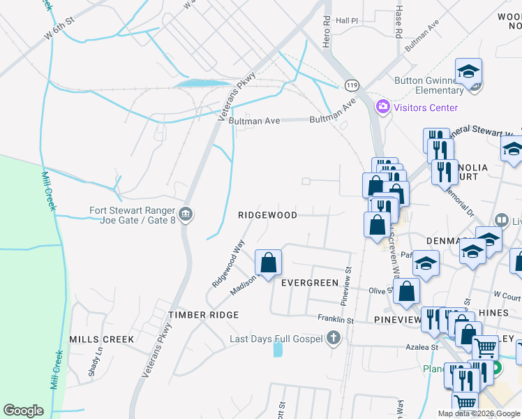 map of restaurants, bars, coffee shops, grocery stores, and more near 805 Ridgewood Way in Hinesville