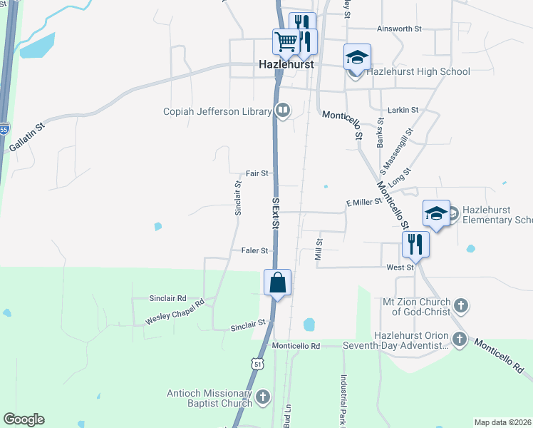 map of restaurants, bars, coffee shops, grocery stores, and more near 330 South Extension Street in Hazlehurst