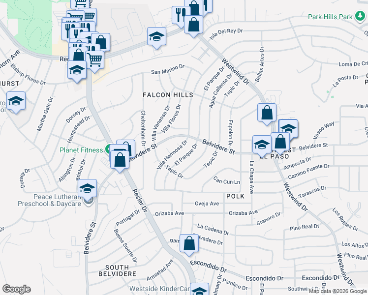 map of restaurants, bars, coffee shops, grocery stores, and more near 671 El Parque Drive in El Paso