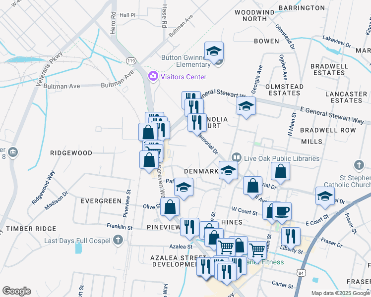 map of restaurants, bars, coffee shops, grocery stores, and more near 361 Beverly Street in Hinesville