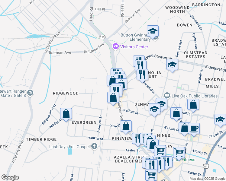 map of restaurants, bars, coffee shops, grocery stores, and more near 501 West General Screven Way in Hinesville
