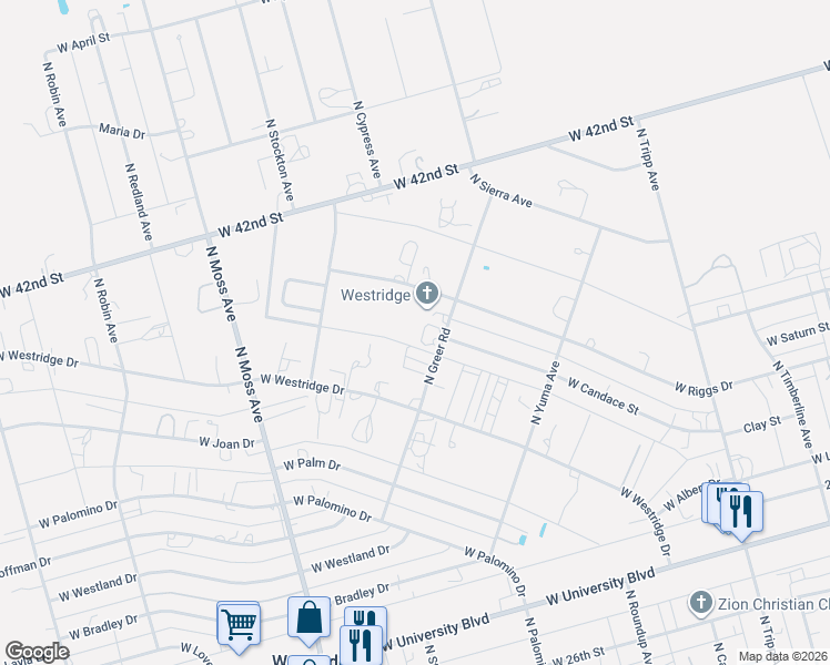 map of restaurants, bars, coffee shops, grocery stores, and more near 3203 North Greer Road in Odessa
