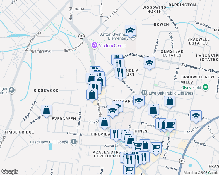 map of restaurants, bars, coffee shops, grocery stores, and more near 361 Beverly Street in Hinesville
