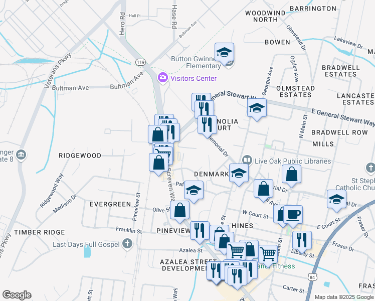 map of restaurants, bars, coffee shops, grocery stores, and more near 361 Beverly Street in Hinesville