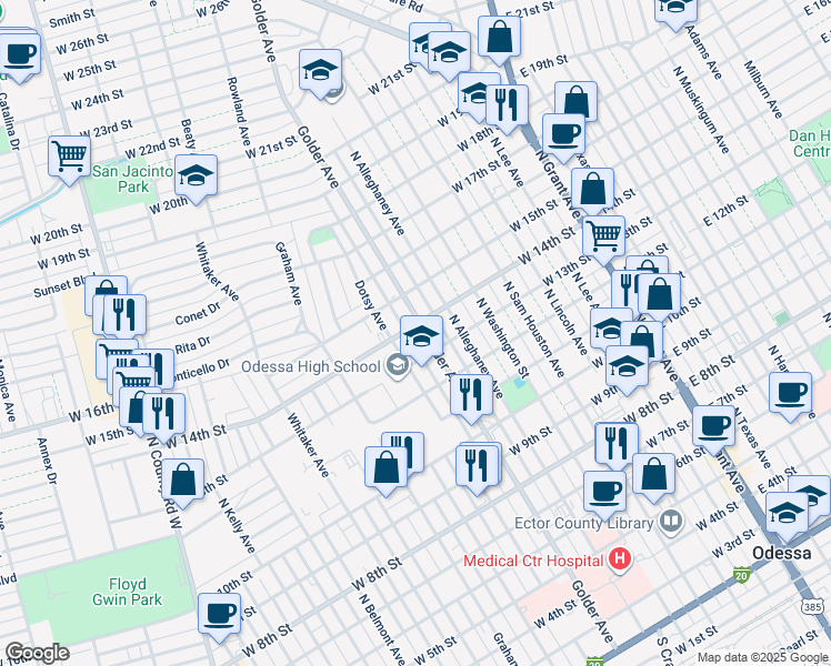map of restaurants, bars, coffee shops, grocery stores, and more near 1300-1398 Dotsy Ave in Odessa