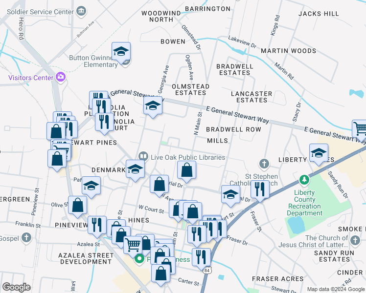 map of restaurants, bars, coffee shops, grocery stores, and more near 327 North Main Street in Hinesville