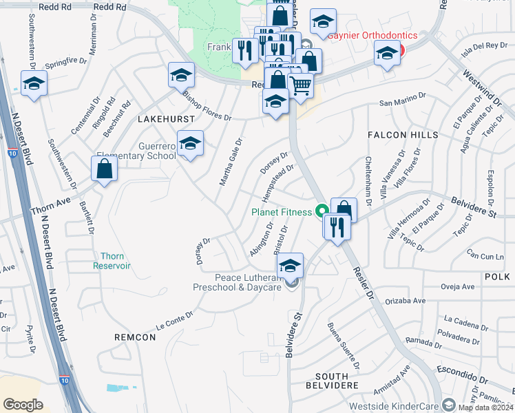 map of restaurants, bars, coffee shops, grocery stores, and more near 649 Hempstead Drive in El Paso