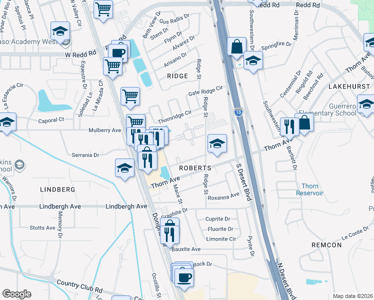 map of restaurants, bars, coffee shops, grocery stores, and more near 5353 Ridge Street in El Paso