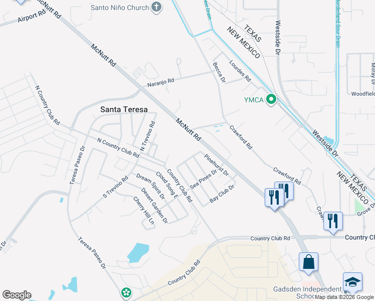 map of restaurants, bars, coffee shops, grocery stores, and more near Silverado Dr in Santa Teresa