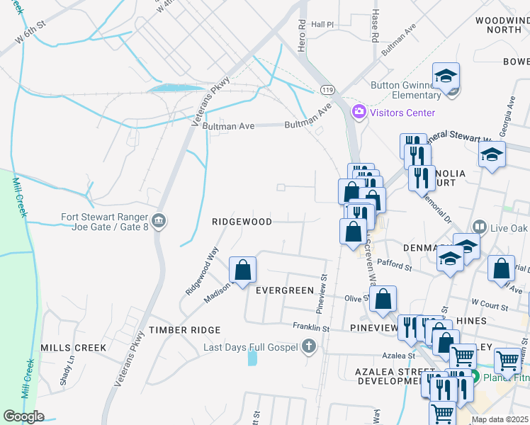 map of restaurants, bars, coffee shops, grocery stores, and more near 802 Grove Place in Hinesville