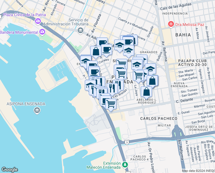 map of restaurants, bars, coffee shops, grocery stores, and more near 125 Calle Ondinas in Ensenada