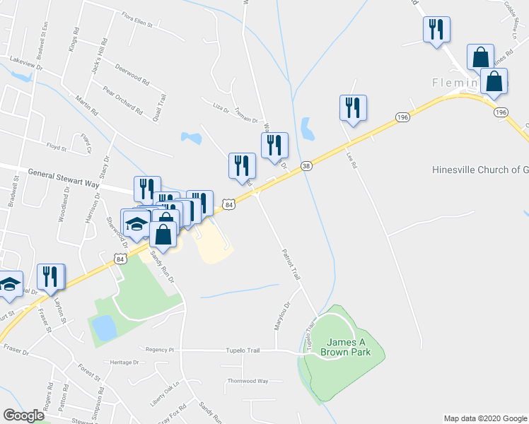 map of restaurants, bars, coffee shops, grocery stores, and more near 100 Patriot Trail in Hinesville