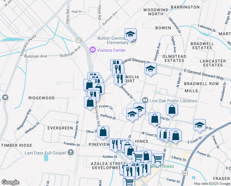 map of restaurants, bars, coffee shops, grocery stores, and more near 137 Rolland Street in Hinesville