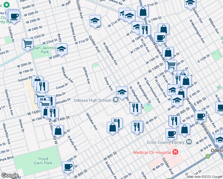 map of restaurants, bars, coffee shops, grocery stores, and more near 1300-1398 Dotsy Ave in Odessa