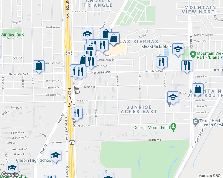 map of restaurants, bars, coffee shops, grocery stores, and more near 8017 Howard Street in El Paso