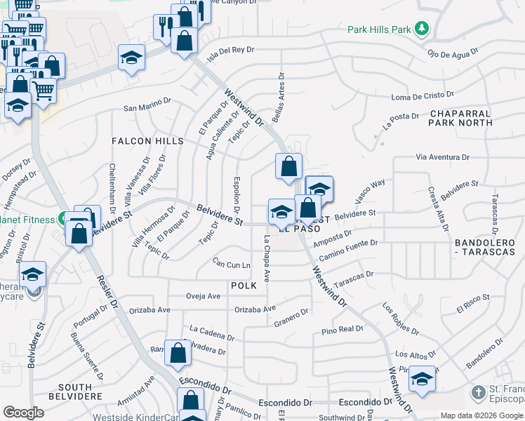 map of restaurants, bars, coffee shops, grocery stores, and more near 700 La Chapa Avenue in El Paso
