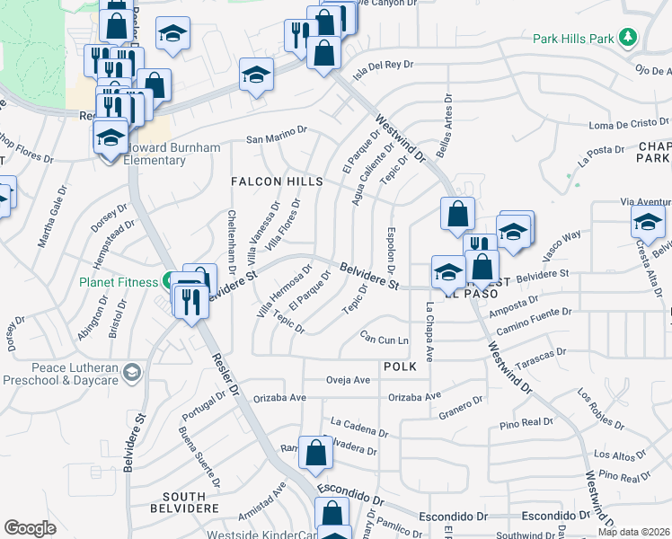 map of restaurants, bars, coffee shops, grocery stores, and more near 665 Agua Caliente Drive in El Paso