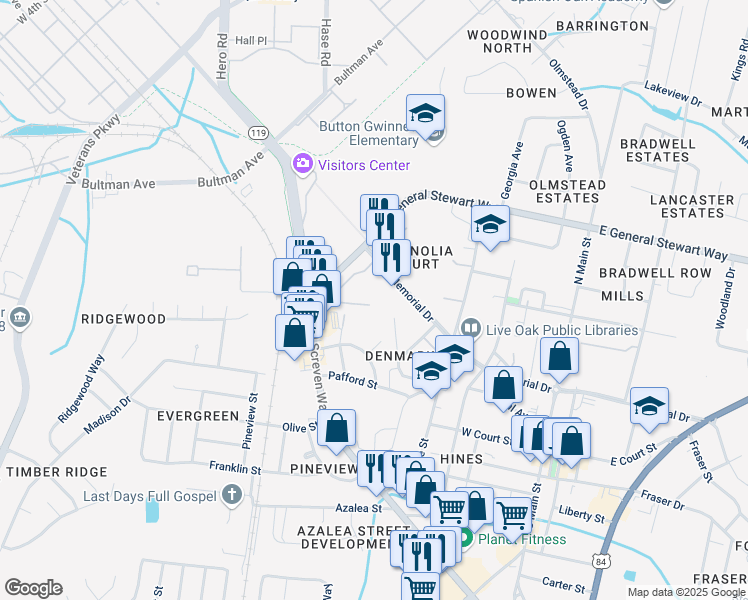 map of restaurants, bars, coffee shops, grocery stores, and more near 350 Beverly Street in Hinesville