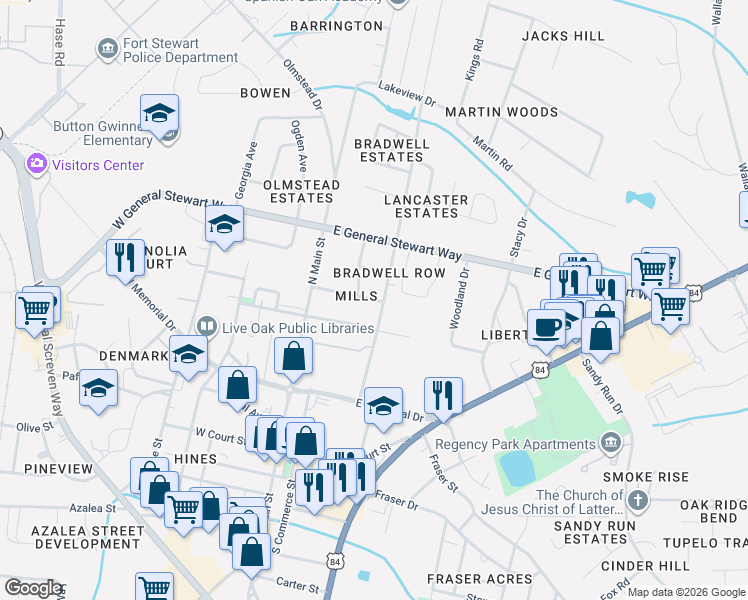 map of restaurants, bars, coffee shops, grocery stores, and more near 119 East Mills Street in Hinesville