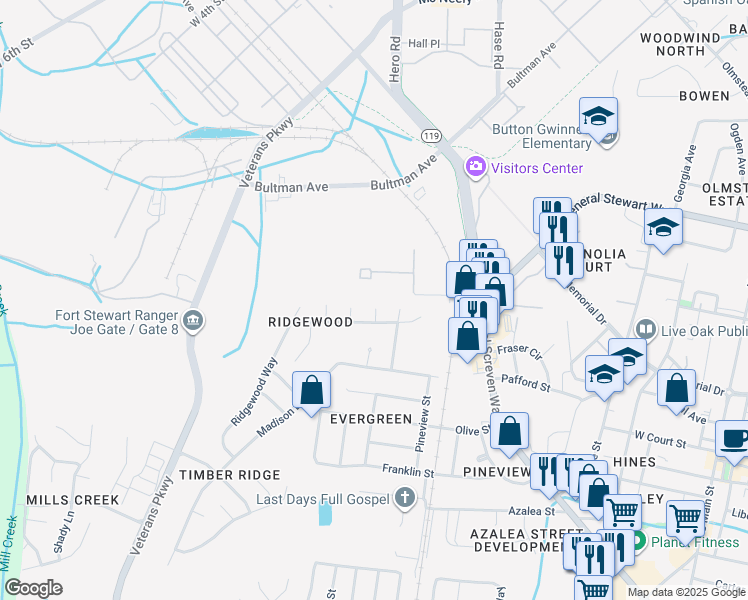 map of restaurants, bars, coffee shops, grocery stores, and more near 806 Shadow Walk Lane in Hinesville