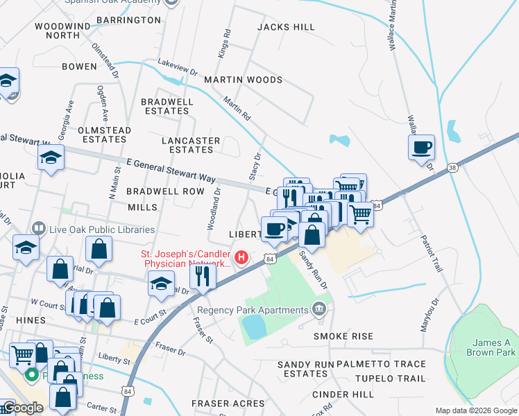 map of restaurants, bars, coffee shops, grocery stores, and more near 613 General Stewart Way in Hinesville