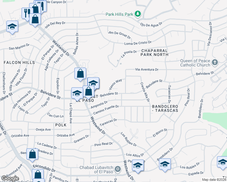 map of restaurants, bars, coffee shops, grocery stores, and more near 6516 Cortesano Court in El Paso