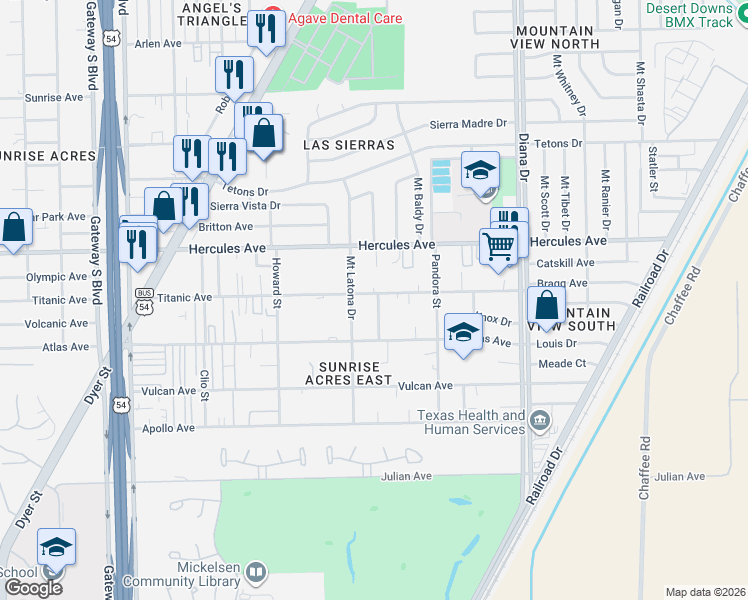 map of restaurants, bars, coffee shops, grocery stores, and more near 4807 Titanic Avenue in El Paso