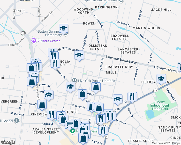 map of restaurants, bars, coffee shops, grocery stores, and more near 506 Tarver Street in Hinesville