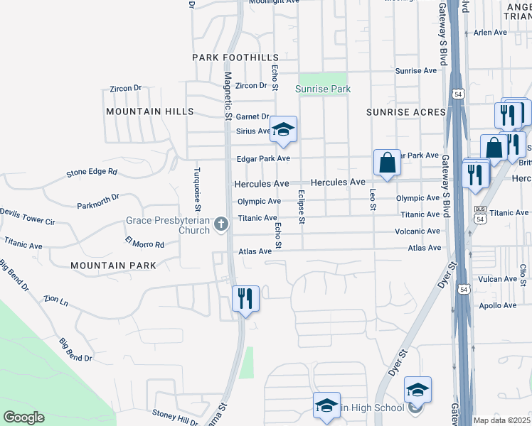 map of restaurants, bars, coffee shops, grocery stores, and more near 3505 Olympic Avenue in El Paso