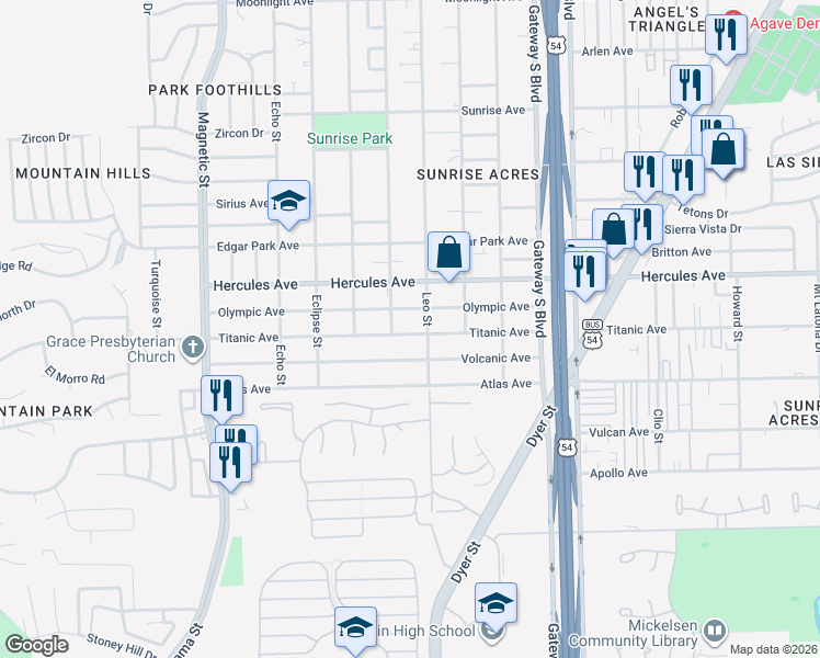 map of restaurants, bars, coffee shops, grocery stores, and more near 3916 Olympic Avenue in El Paso