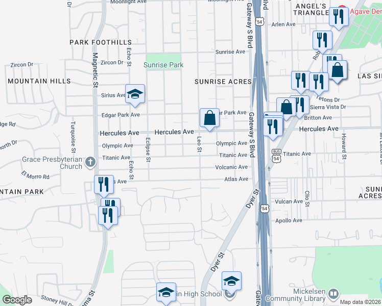map of restaurants, bars, coffee shops, grocery stores, and more near 3916 Olympic Avenue in El Paso