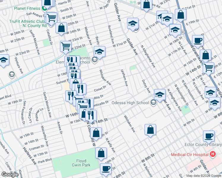 map of restaurants, bars, coffee shops, grocery stores, and more near 121 Conet Drive in Odessa