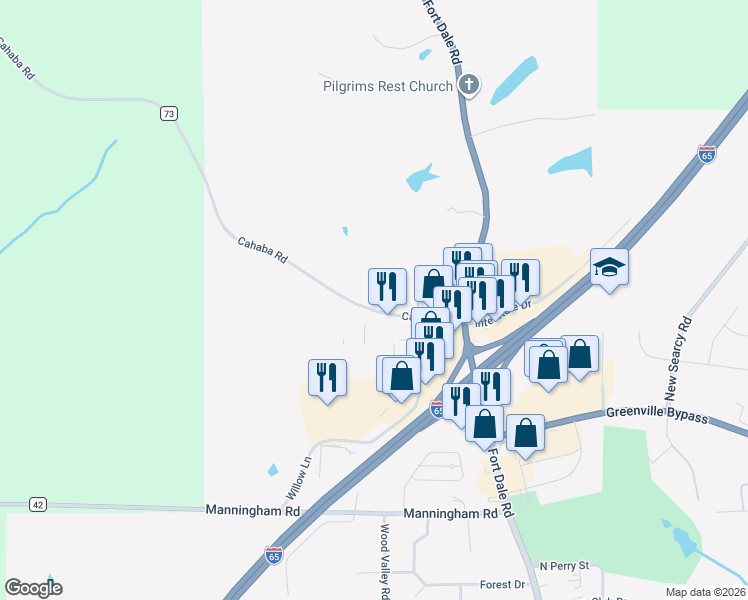 map of restaurants, bars, coffee shops, grocery stores, and more near 248 Cahaba Road in Greenville