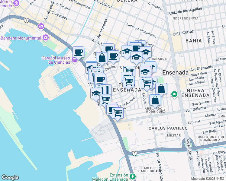 map of restaurants, bars, coffee shops, grocery stores, and more near 125 Calle Ondinas in Ensenada