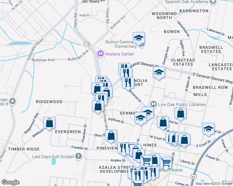 map of restaurants, bars, coffee shops, grocery stores, and more near 319 Beverly Street in Hinesville