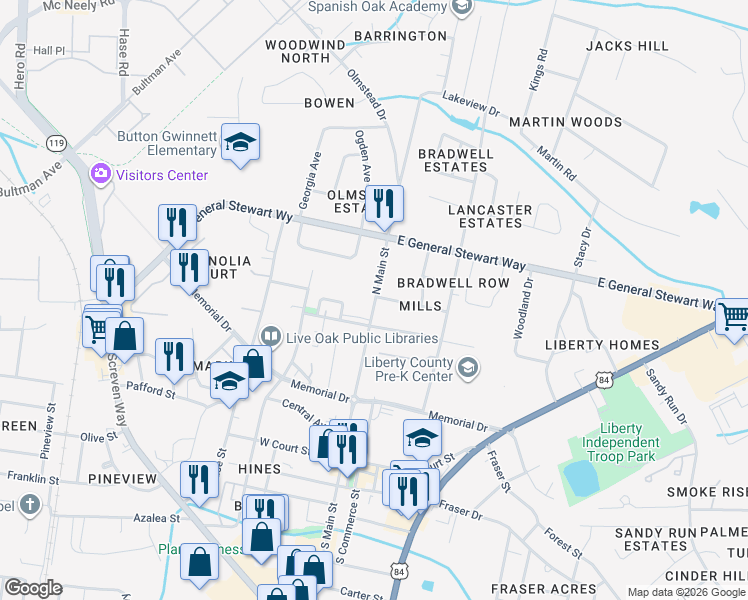 map of restaurants, bars, coffee shops, grocery stores, and more near 501a North Main Street in Hinesville