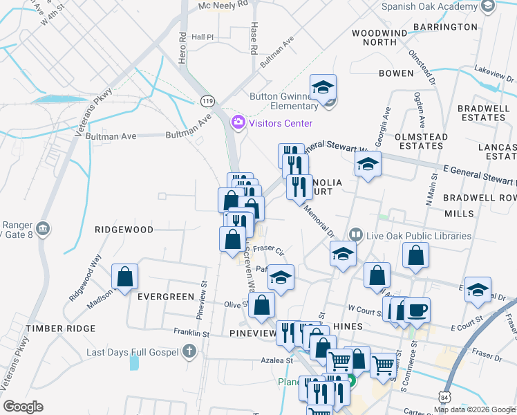 map of restaurants, bars, coffee shops, grocery stores, and more near in Fort Stewart