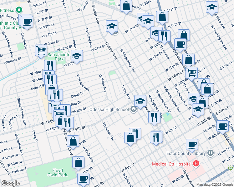 map of restaurants, bars, coffee shops, grocery stores, and more near 1506 Ridgecrest Avenue in Odessa