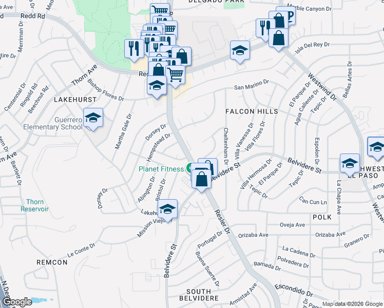 map of restaurants, bars, coffee shops, grocery stores, and more near 7232 Rochester Drive in El Paso