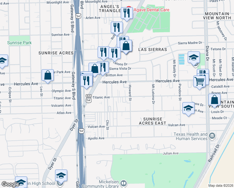 map of restaurants, bars, coffee shops, grocery stores, and more near 4554 Hercules Avenue in El Paso