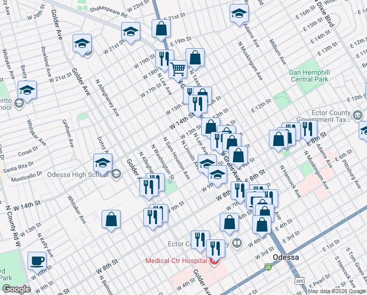 map of restaurants, bars, coffee shops, grocery stores, and more near 1209 North Lincoln Avenue in Odessa