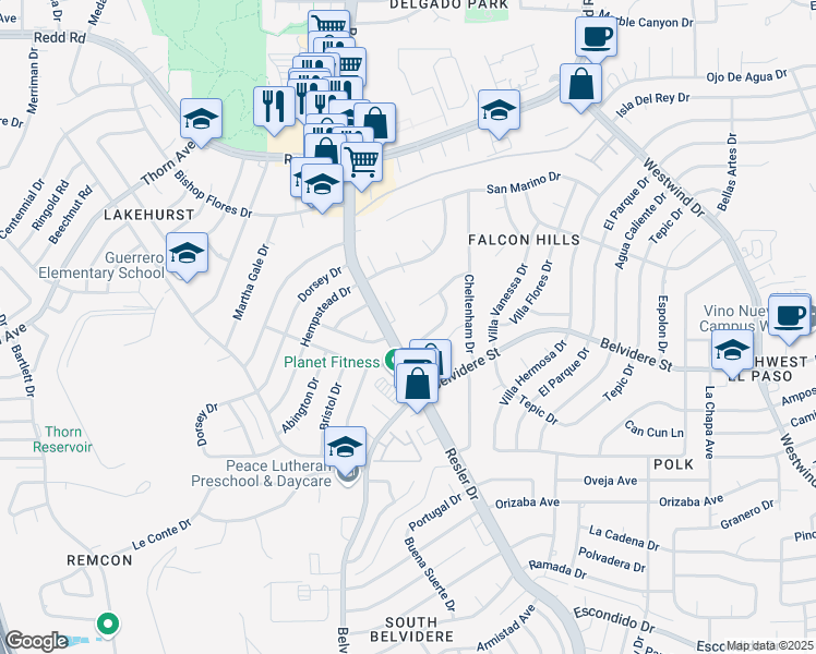 map of restaurants, bars, coffee shops, grocery stores, and more near 7232 Rochester Drive in El Paso