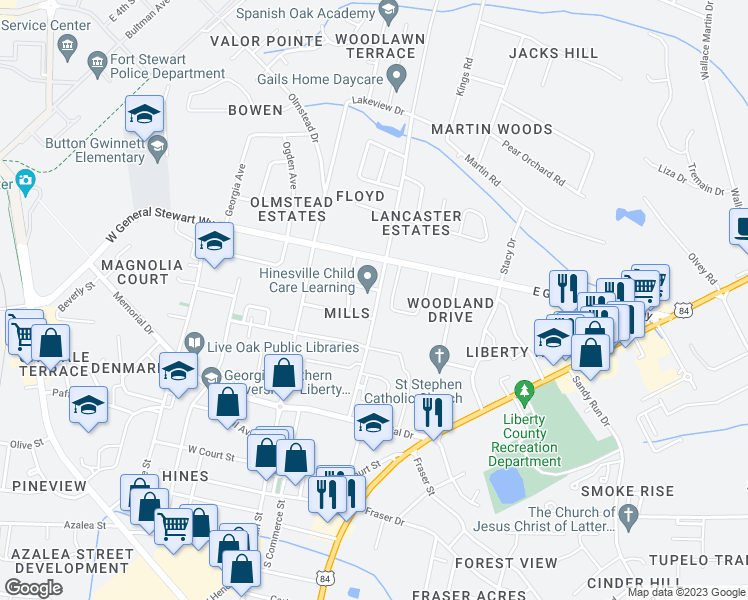 map of restaurants, bars, coffee shops, grocery stores, and more near 408 Bradwell Street in Hinesville