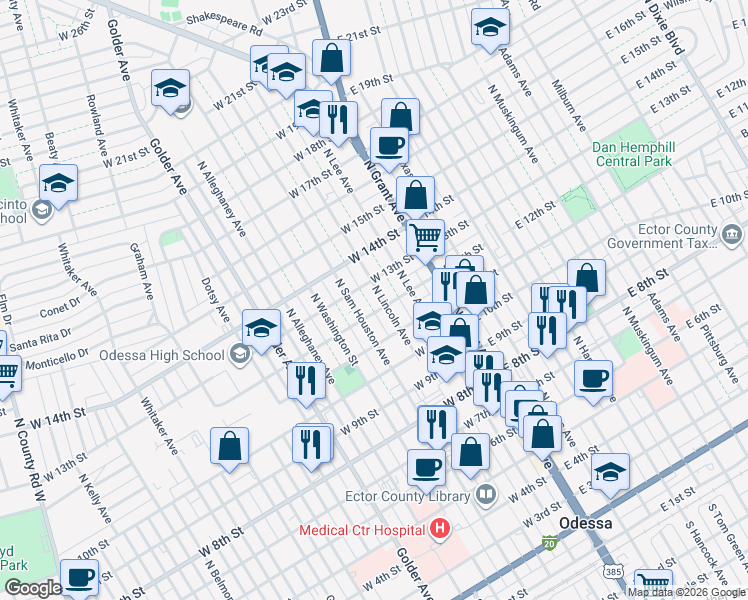map of restaurants, bars, coffee shops, grocery stores, and more near 1209 North Lincoln Avenue in Odessa