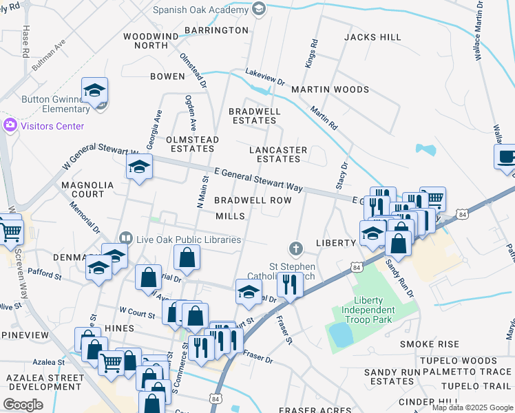map of restaurants, bars, coffee shops, grocery stores, and more near 408 Bradwell Street in Hinesville
